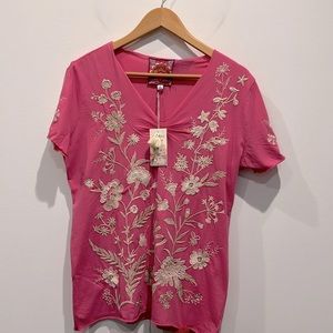Johnny Was Pink Floral Embroidered Short Sleeve Tee